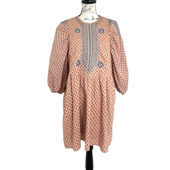 Anthropologie Embroidered Tunic Mini Dress Boho Peasant Ballon-Sleeve Size M - Picture 2 of 9